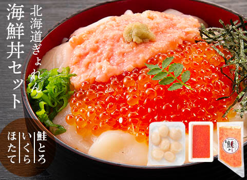 【販売終了：規格変更】北海道ぎょれん 海鮮丼3種セット（鮭とろ・いくら・ほたて）