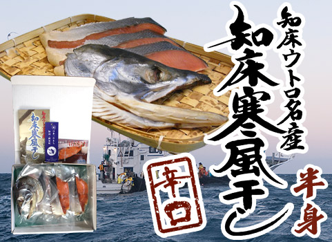 【入荷未定】新巻鮭「知床寒風干し」半身1.2kg（秋鮭：北海道 ウトロ産・辛口・切身個包装半身）