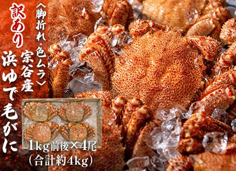 【今季完売済】 【訳あり・お買い得】浜ゆで毛がに 4kg箱/1kg前後×4尾（合計約4kg）（毛がに：北海道沖・ボイル冷凍）
