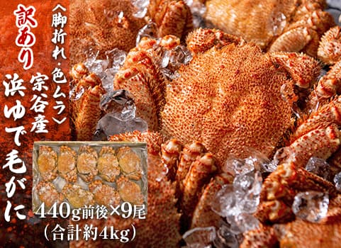 【訳あり・お買い得】浜ゆで毛がに 4kg箱/440g前後×9尾（合計約4kg）（毛がに：北海道沖・ボイル冷凍）