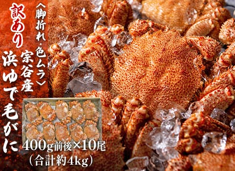 【訳あり・お買い得】浜ゆで毛がに 4kg箱/400g前後×10尾（合計約4kg）（毛がに：北海道沖・ボイル冷凍）